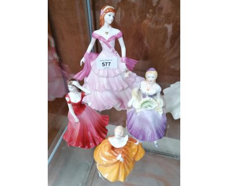FOUR CERAMIC LADY FIGURES TO INCLUDE THREE COALPORT EXAMPLES AND A ROYAL DOULTON FRAGRANCE FIGURE 