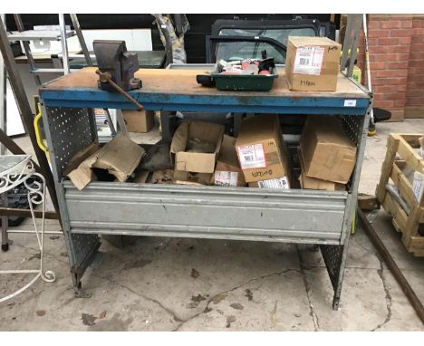 A METAL WORK BENCH (LEG A/F) WITH A IRWIN RECORD VICE AND VARIOUS FLUE PARTS 