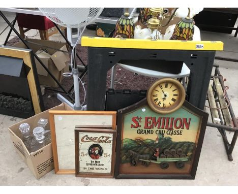 A WORKSTATION, ST EMILION CLOCK, COCO COLA MIRROR DECANTERS ETC 