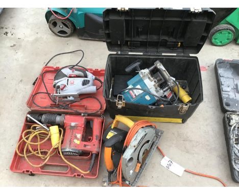 FOUR POWER TOOLS TO INCLUDE A MAKITA ROUTER, EVOLUTION RIP SAW, JIGSAW AND DRILL (TWO 110V NOT TESTED AND TWO FOR SPARES OR R
