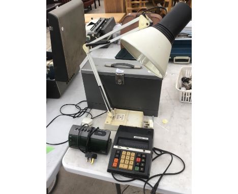 AN ANGLE POISE LAMP, METAL RILE CASE, CALCULATOR AND A CLOCK RADIO IN WORKING ORDER 