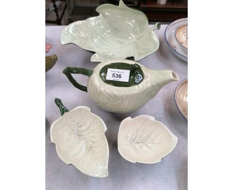 A CARLTON WARE GREEN LEAF PATTERN CERAMIC PART TEA SET, TEAPOT, DISH AND TWO LEAF DISHES 