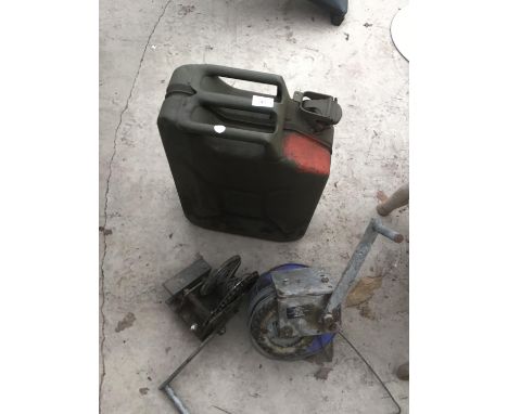 A VINTAGE JERRY CAN AND TWO TRAILER HAND WINCHES 