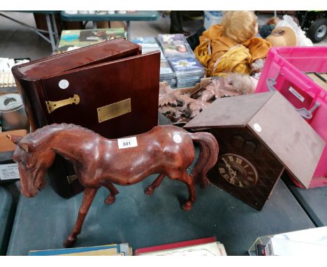 THREE ITEMS TO INCLUDE WOODEN STORAGE BOX, HORSE AND CUCKOO CLOCK 