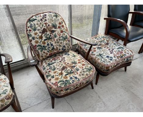 AN ERCOL ELM ARM CHAIR AND FOOTSTOOL 