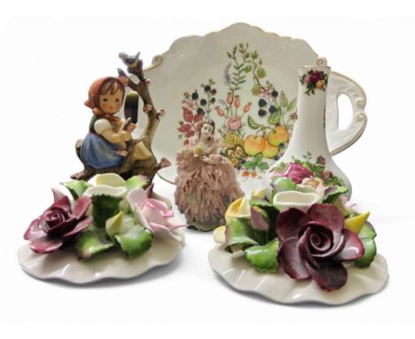 A Goebel figure, designed by MI Hummell, Apple Tree Girl, printed marks;&nbsp; &nbsp;a pair of Aynsley boudoir candlesticks, 