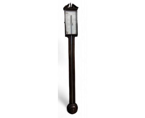 A 19th century mahogany stick barometer, broken architectural pediment, the silvered dial inscribed E Garne, Newsome, mercury