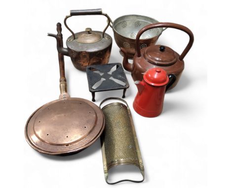 A Victorian copper kettle, c.1850;&nbsp; &nbsp;a copper warming pan;&nbsp; a copper colander;&nbsp; &nbsp;an enamelled tea ke