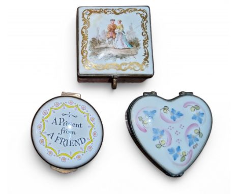 A Crummles and Co circular patch box and cover, inscribed ‘A Present from a Friend”;&nbsp; &nbsp;a Limoges heart shaped patch