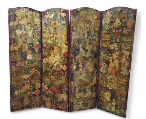 A Victorian decoupage four-fold screen, slightly arched, 176cm high, each panel 51cm,&nbsp; 204cm wide, c.1860