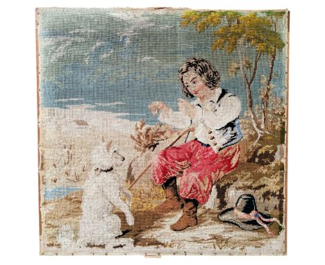Textiles - An early 19th century stump work embroidered panel depicting a little boy training his dog, 70cm x 70cm