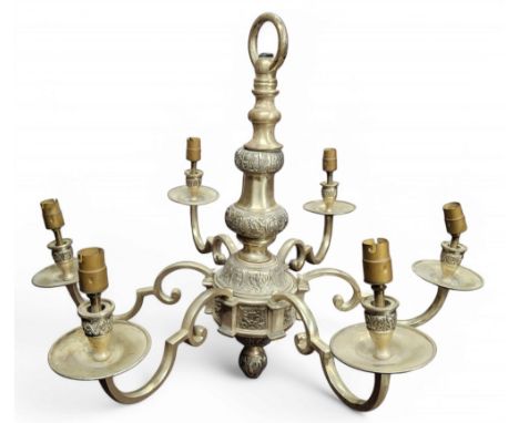 A heavy silvered six light six branch ceiling light, S-scroll arms, the column cast with stylised scrolls and leaves, 59cm hi