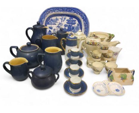 Ceramics - a pair of Staffordshire Willow pattern meat plates;&nbsp; others;&nbsp; &nbsp;Denby Cottage blue jugs, teapot, mil