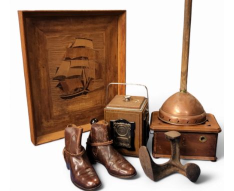 A pair of leather jodhpur boots;&nbsp; shoe lass;&nbsp; &nbsp;biscuit barrel;&nbsp; brass Persian tray;&nbsp; &nbsp;fire guar