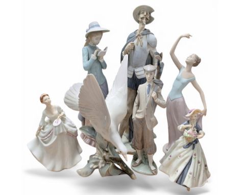 Lladro - figure of Don Quixote, in armour, approx. 41cms; a Waiting for Tee off, figure of a golfer; a Girl Reading a Book, 3