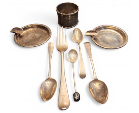 A George III silver teaspoon, Old Englisn pattern, London, 1818; another smaller; a silver teaspoon, rubbed marks; a George I