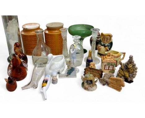A Wedgwood glass duck, 18cm high;&nbsp; other birds;&nbsp; a Regency decanter, 18.5cm high, c.1815;&nbsp; a pair of candlesti