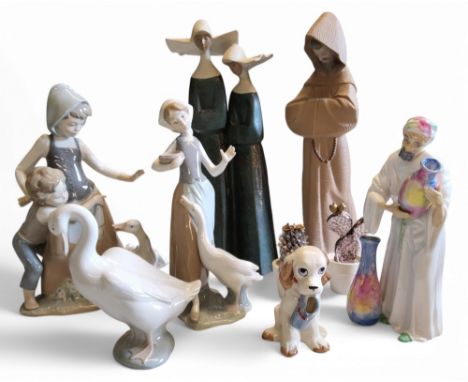 A Lladro figure group, Avoiding the Goose, 5033;&nbsp; others, Goose Girl;&nbsp; Two Nuns;&nbsp; &nbsp;Nao goose;&nbsp; etc