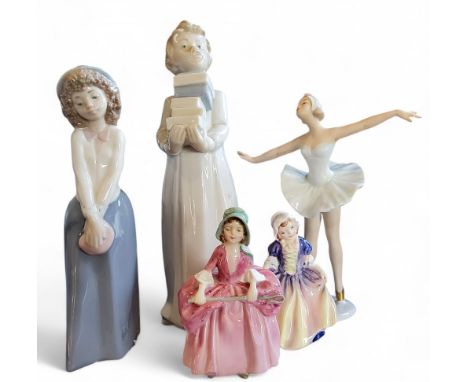 A Nao figure, Boy with Books, 29cm high, printed mark;&nbsp; another, Ballerina;&nbsp; a Royal Doulton figure, Dinky Do, HN16