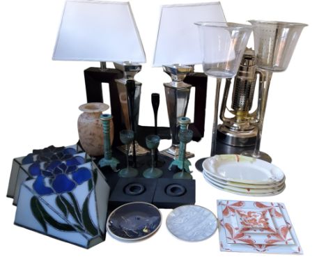 A pair of modern Art Deco style table lamps, white shades, each standing 60cm high; a&nbsp; large pair of chrome plated table