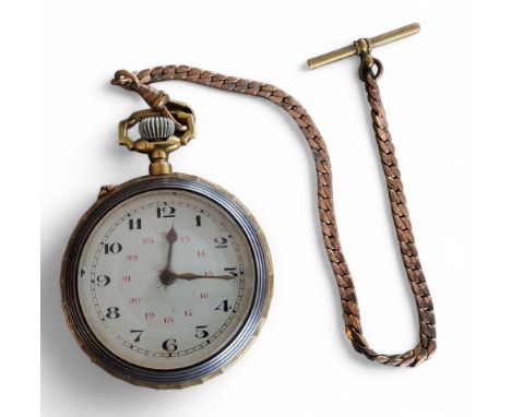 An unusual continental brass open faced pocket watch, unsigned movement, white dial, Arabic numerals, outer minute track, red