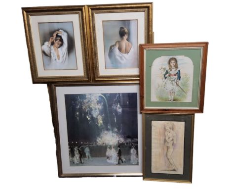 Pictures &amp; Prints - after Domingo Gomez, a near pair of decorative prints depicting an elegant lady, framed ; another lar