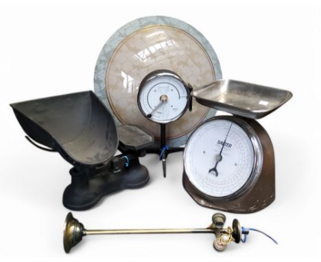 A substantial 1950's ceiling light; Salter 'coin checker' weighing scales, other kitchen scales (4)