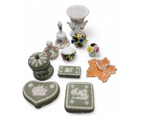 Wedgwood green jasperware trinket boxes, storage jar and cover;&nbsp; &nbsp;Aynsley Pembroke campana shaped vase;&nbsp; a sim