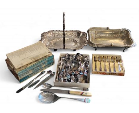 An E.P.N.S. shaped rectangular cake basket, James Dixon and Sons;&nbsp; another;&nbsp; &nbsp;commemorative tea spoons; Tolkie
