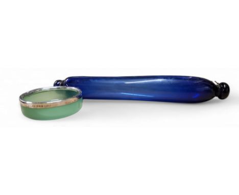 A Victorian Bristol Blue glass rolling pin, 36cm long;&nbsp; a silver mounted frosted green glass dressing table dish, 10.5cm