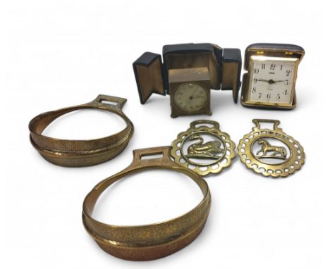 An Art Deco Zenith travel alarm clock, the case stamped Metal Dore, Zenith movement, cream dial, Arabic numerals, outer minut