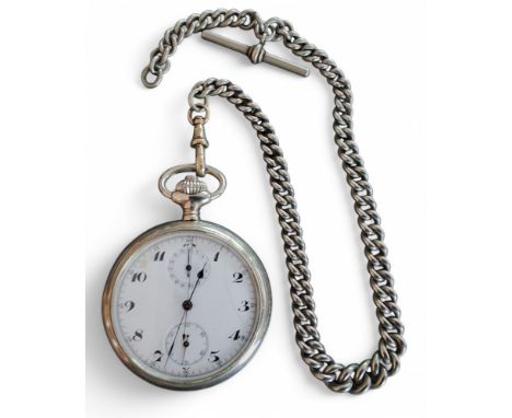 A stainless steel open faced pocket watch chronograph, unsigned top winding movement, white enamel dial, Arabic numerals, out