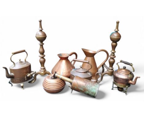 Metalware - various Victorian copper kettles; Victorian copper gallon vessel; 19th century copper jug; a pair of large early 