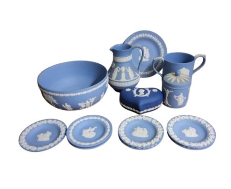 Wedgwood Blue Japserware - bowl, jug, heart shaped tinket pot and cover, trinket dishes;&nbsp; etc
