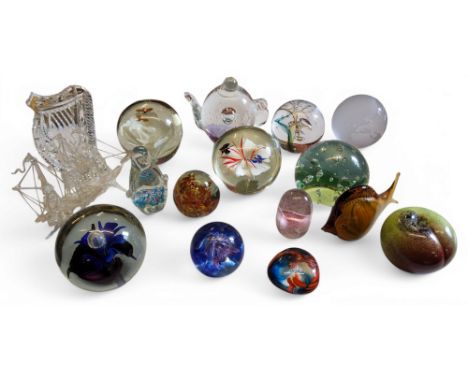 Paperweights - a domed glass paperweight, inset with flowers and insects;&nbsp; others, as a fish, teapot, penguin, etc