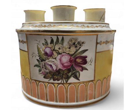 An English semi-circular bough pot and cover, painted with a rectangular panel of summer flowers, yellow ground, salmon flute