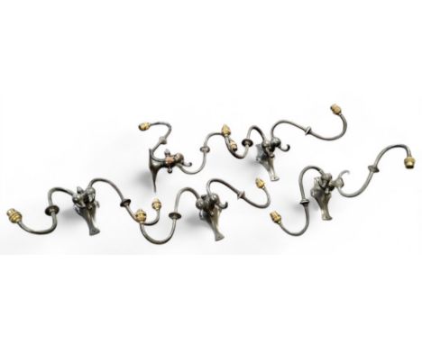 A set of five&nbsp;W.A.S. Benson Arts and Crafts&nbsp; two-branch two-light pewter wall lights, long scroll arms, elongated q