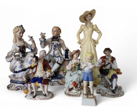 A Royal Worcester figure, Old Friends, modelled by Freda Doughty, black mark;&nbsp; &nbsp;a pair of Dresden figures, of a gen
