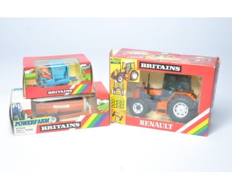 Britains Farm 1/32 diecast model issues comprising No. 9513 Renault Tractor plus two implements, as shown. Excellent in good 