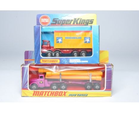 Matchbox Superkings duo comprising No. K-10 Pipe Truck and No. K-24 Scammell Container Truck 'Michelin'. Both display excelle