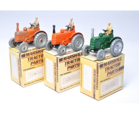 Trio of Dinky Field Marshall Tractor issues, two repainted, one playworn, in official Marshall trade part boxes. 