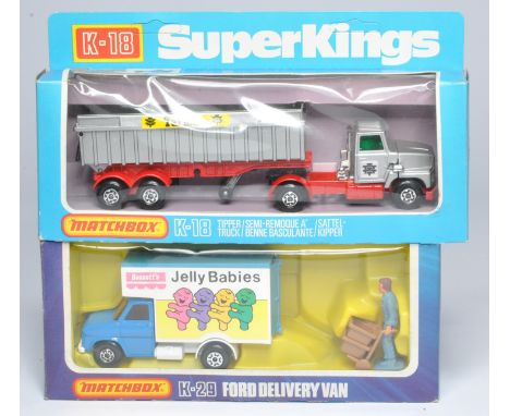 Matchbox Superkings duo comprising No. K-18 Tipper Truck 'Tarmac' plus No. K-29 Ford Delivery Van 'Jelly Babies'. Both displa