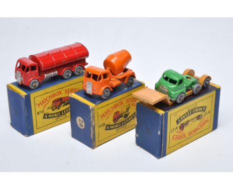 A trio of Matchbox regular wheels including Esso Tanker (decal to rear), Low Loader and Cement Truck. Generally good to very 
