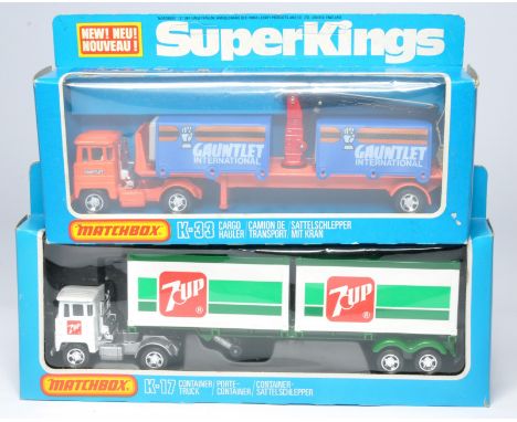 Matchbox Superkings duo comprising No. K-33 Cargo Hauler in Gauntlett Livery plus No. K-17 '7up' Container Truck. Excellent i