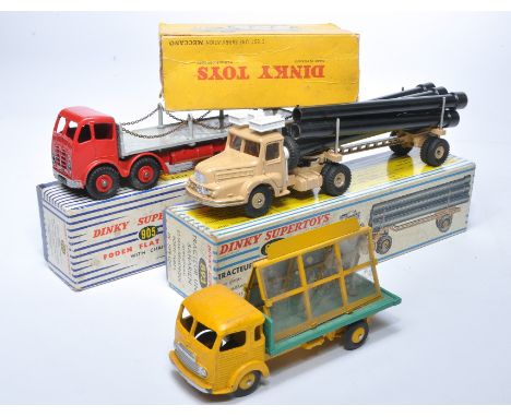 Dinky commercial trio comprising Foden Chain Lorry, French issue Pipe Carrier and French Issue Glass lorry. Fair to good in f