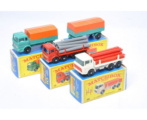 A group of four Matchbox Regular Wheels comprising Mercedes Truck and Trailer, Pipe Truck and Girder Truck. All display from 