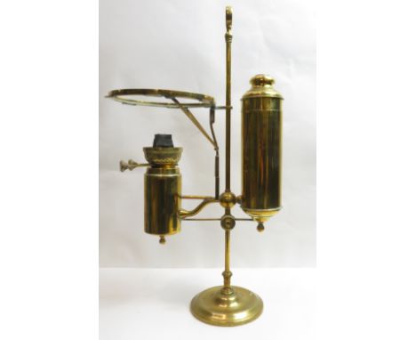 A Victorian brass student oil lamp, lacking glass reservoir, chimney and shade, 54cm high