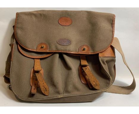 A vintage Mulberry canvas and tan leather messenger bag, the interior tartan and with embossed leather label to the inside an