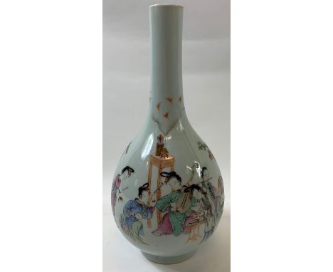 A Chinese bottle vase, decorated with various females playing musical instruments with a seal mark to the base, 28cm high