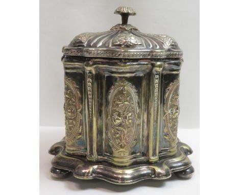 A Victorian silverplated biscuit barrel, makers mark H J &amp; Co, of hexafoil lobed outline with embossed foliate decoration